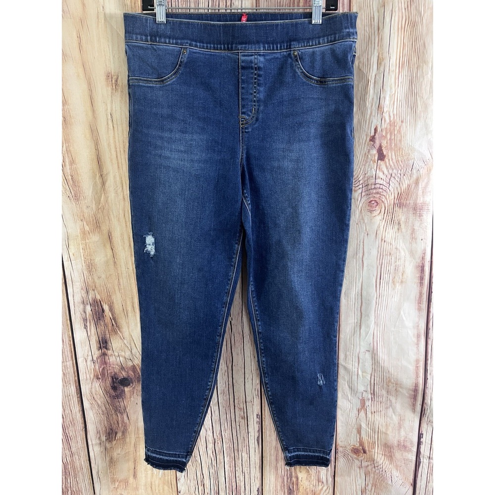 Spanx Jeans Womens XL Blue Pull On Stretch Ankle Legging Distressed High Rise